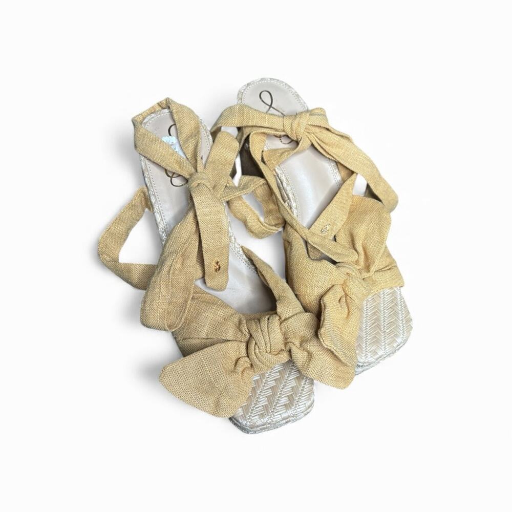 Sam Edelman Tula Tan Wedge Ankle Tie Espadrille Sandal Bow 5” Heel 9.5